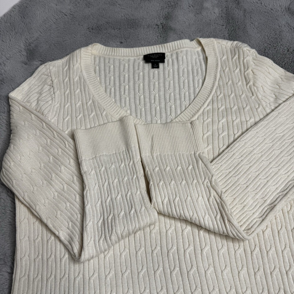 Talbots Petite Size Large 100%‎ Pima Cotton Sweater Ivory V-Neck Lightweight - Picture 13 of 16